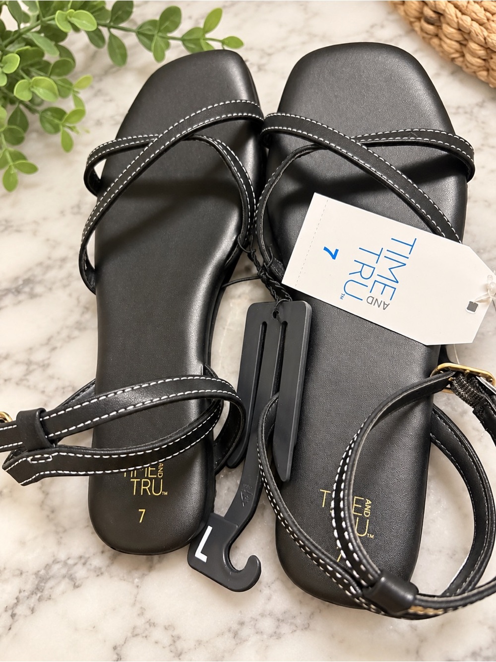 Time and Tru Black Strappy Square-Toe Sandals with Contrast Stitching